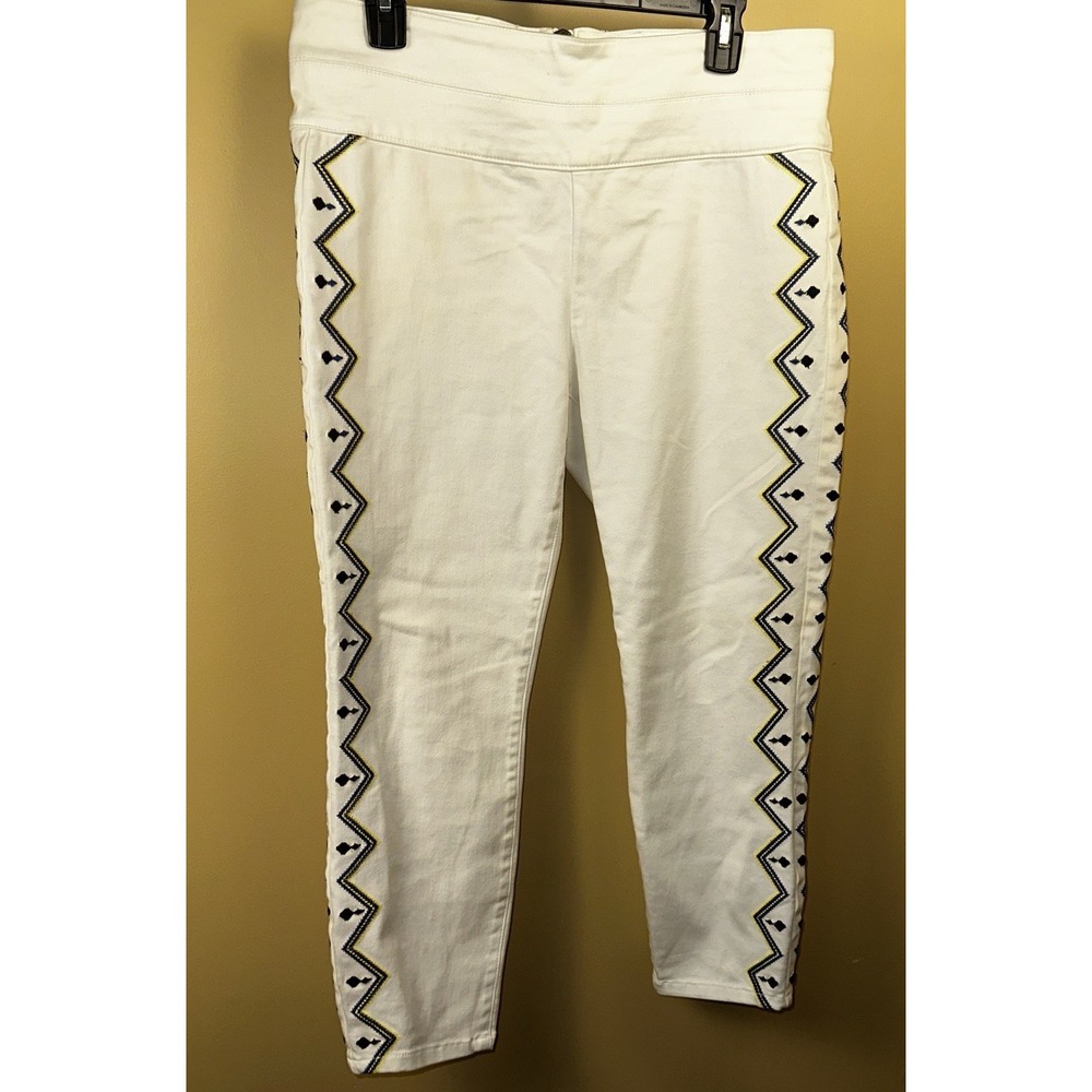 Bisou Bisou Michelle Bohbot Jean Pants SZ 12 White Ankle Tribal Back Zip Stretch